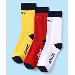 Pine Kids Knit Ankle Length Silvadur Antimicrobial Socks with Text Design Pack of 3 - Yellow Red & White