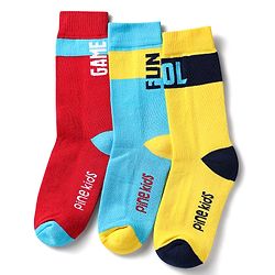 Pine Kids Knit Ankle Length Silvadur Antimicrobial Socks with Text Design Pack of 3 - Red Light Blue & Yellow