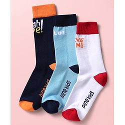 Pine Kids Knit Ankle Length Silvadur Antimicrobial Socks with Text Design Pack of 3 - Black Light Blue & White