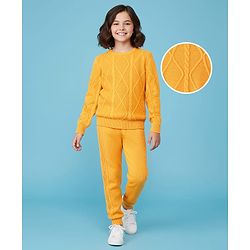 Pine Kids Knit Full Sleeves Sweater Set with Cable Knit Design - Mustard