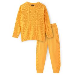 Pine Kids Knit Full Sleeves Sweater Set with Cable Knit Design - Mustard