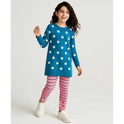 Pine Kids Knit Full Sleeves Sweater Set with Polka Dot Design & Stripes - Teal Blue & Pink