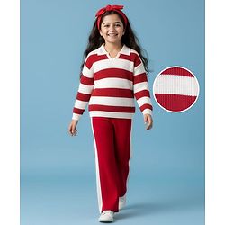 Pine Kids Knit Full Sleeves Sweater Set with Stripes - Red & White