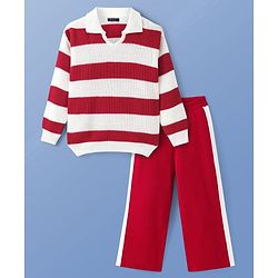 Pine Kids Knit Full Sleeves Sweater Set with Stripes - Red & White