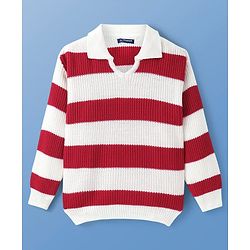 Pine Kids Knit Full Sleeves Sweater Set with Stripes - Red & White