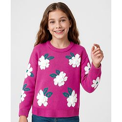 Pine Kids Knit Full Sleeve Pullover with Floral Applique - Dark Pink