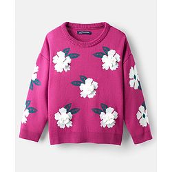 Pine Kids Knit Full Sleeve Pullover with Floral Applique - Dark Pink