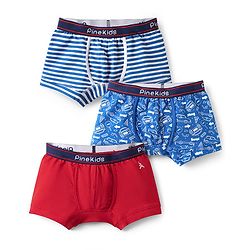 Pine Kids Cotton Knit Trunks with Stripe Design & Car Print Pack of 3 - Red & Blue