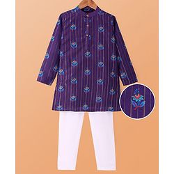 Pine Kids Woven Full Sleeves Kurta Pyjama Set With Floral Print - Purple