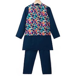Pine Kids Woven Full Sleeves Kurta Pajama Set with Jacket & Print - Navy Blue