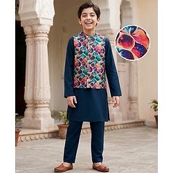 Pine Kids Woven Full Sleeves Kurta Pajama Set with Jacket & Print - Navy Blue