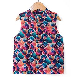 Pine Kids Woven Full Sleeves Kurta Pajama Set with Jacket & Print - Navy Blue