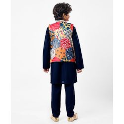 Pine Kids Woven Full Sleeves Kurta Pajama Set with Jacket & Ethnic Motif Print - Navy Blue