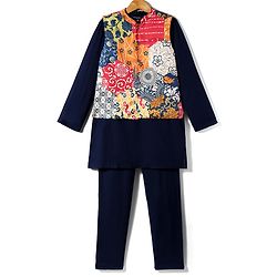 Pine Kids Woven Full Sleeves Kurta Pajama Set with Jacket & Ethnic Motif Print - Navy Blue
