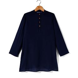 Pine Kids Woven Full Sleeves Kurta Pajama Set with Jacket & Ethnic Motif Print - Navy Blue