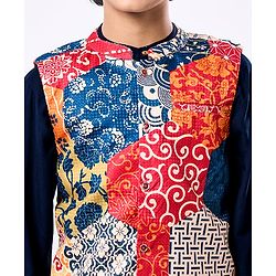 Pine Kids Woven Full Sleeves Kurta Pajama Set with Jacket & Ethnic Motif Print - Navy Blue