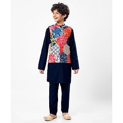 Pine Kids Woven Full Sleeves Kurta Pajama Set with Jacket & Ethnic Motif Print - Navy Blue