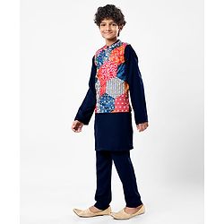 Pine Kids Woven Full Sleeves Kurta Pajama Set with Jacket & Ethnic Motif Print - Navy Blue