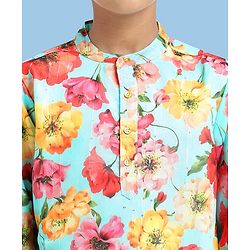 Pine Kids Cotton Woven Full Sleeves Kurta Pajama Set with Ethnic Floral Print - Light Blue & White