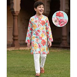 Pine Kids Cotton Woven Full Sleeves Kurta Pajama Set with Ethnic Floral Print - Light Blue & White