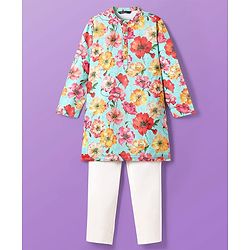 Pine Kids Cotton Woven Full Sleeves Kurta Pajama Set with Ethnic Floral Print - Light Blue & White