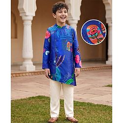Pine Kids Woven Full Sleeves Kurta Pajama Set with Tropical Theme Print - Blue & White
