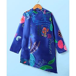 Pine Kids Woven Full Sleeves Kurta Pajama Set with Tropical Theme Print - Blue & White
