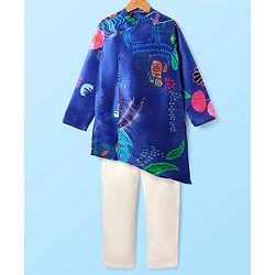 Pine Kids Woven Full Sleeves Kurta Pajama Set with Tropical Theme Print - Blue & White