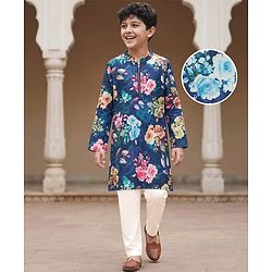 Pine Kids Woven Full Sleeves Kurta Pajama Set with Floral Print - Navy Blue & White