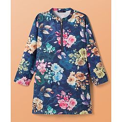 Pine Kids Woven Full Sleeves Kurta Pajama Set with Floral Print - Navy Blue & White