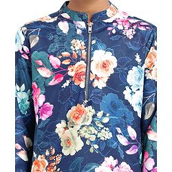 Pine Kids Woven Full Sleeves Kurta Pajama Set with Floral Print - Navy Blue & White