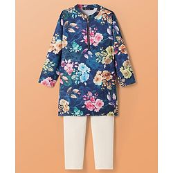 Pine Kids Woven Full Sleeves Kurta Pajama Set with Floral Print - Navy Blue & White