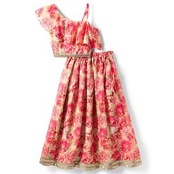 Pine Kids Woven Sleeveless Lehenga Choli Set with Floral Print & Lace Detailing - Pink