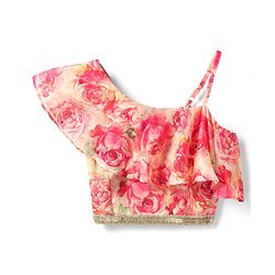 Pine Kids Woven Sleeveless Lehenga Choli Set with Floral Print & Lace Detailing - Pink