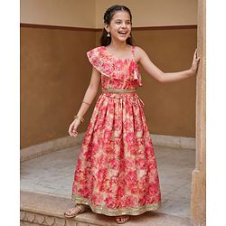 Pine Kids Woven Sleeveless Lehenga Choli Set with Floral Print & Lace Detailing - Pink
