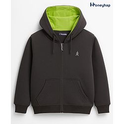 Pine Kids Knit Full Sleeves Solid Color Hooded SweatJacket with Kangaroo Pocket - Black