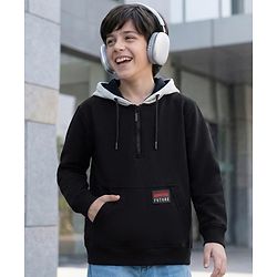 Pine Kids Cotton Knit Full Sleeves Hooded Sweatshirt With Patch Detailing & Kangaroo Pockets - Black