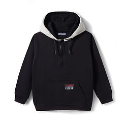 Pine Kids Cotton Knit Full Sleeves Hooded Sweatshirt With Patch Detailing & Kangaroo Pockets - Black