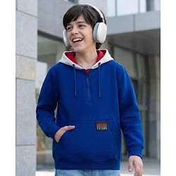 Pine Kids Cotton Knit Full Sleeves Hooded Sweatshirt With Patch Detailing & Kangaroo Pockets - Black