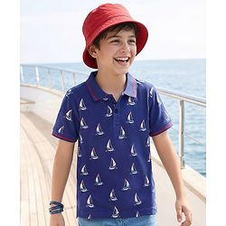 Pine Kids Cotton Knit Half Sleeves Polo T-Shirt With Nautical Print - Navy Blue