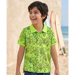 Pine Kids Cotton Knit Half Sleeves Polo T-Shirt with Tropical Print - Neon Green