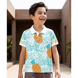 Pine Kids Cotton Knit Half Sleeves Polo T-Shirt with Pineapple Print - White