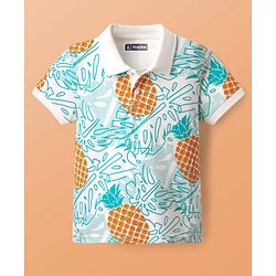 Pine Kids Cotton Knit Half Sleeves Polo T-Shirt with Pineapple Print - White