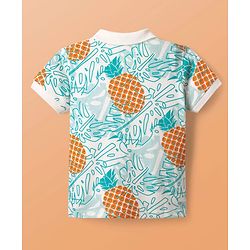 Pine Kids Cotton Knit Half Sleeves Polo T-Shirt with Pineapple Print - White