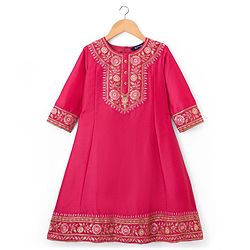 Pine Kids Woven Three Fourth Sleeves Floral Embroidered & Sequinned Kurti & Salwar Set with Dupatta - Dark Pink