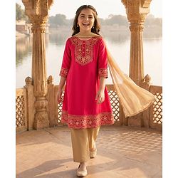 Pine Kids Woven Three Fourth Sleeves Floral Embroidered & Sequinned Kurti & Salwar Set with Dupatta - Dark Pink