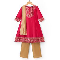 Pine Kids Woven Three Fourth Sleeves Floral Embroidered & Sequinned Kurti & Salwar Set with Dupatta - Dark Pink