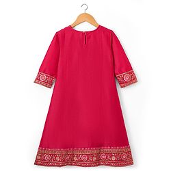 Pine Kids Woven Three Fourth Sleeves Floral Embroidered & Sequinned Kurti & Salwar Set with Dupatta - Dark Pink