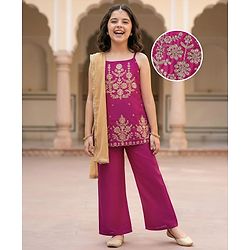 Pine Kids Woven Sleeveless Kurta Palazzo & Dupatta Set With Floral Embroidery & Sequin Detailing - Dark Pink