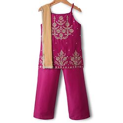 Pine Kids Woven Sleeveless Kurta Palazzo & Dupatta Set With Floral Embroidery & Sequin Detailing - Dark Pink
